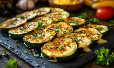 Gourmet zucchini slices topped with melted cheese and herbs on a black slate plate, surrounded by vibrant ingredients for a delicious rustic vibe.