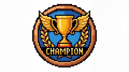 Golden Trophy Award Emblem with Wings and Laurel Wreath Pixel Art Champion Badge Grunge Paper Tapes