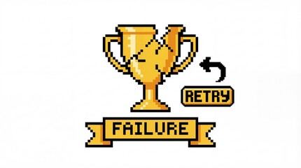 Fototapeta premium Pixel Art Trophy Icon Representing Failure and Retry Game Over Screen Element Grunge Paper Tapes