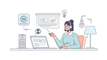 Woman working remotely with laptop and smart home devices at modern desk