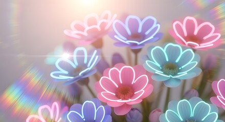 Obraz premium Blurred pastel flowers with neon rim-light outlines, soft vaporwave glow, ethereal holographic lens effect.
