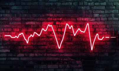 Heartbeat line glowing in bright neon red on a textured dark wall, emphasizing vitality and medical precision.