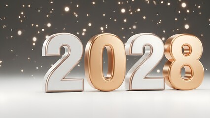Shiny 3d metallic numbers 2028 on snowy background with bokeh lights
