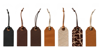 Leather tags with strings isolated on transparent background