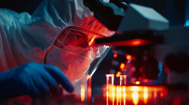 Scientist in Hazmat Suit and Face Shield Analyzing Samples Under Red Light