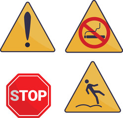 Safety and Warning Road Signs Icon Set &ndash; Stop, No Smoking, Caution and Hazard Symbols Vector EPS