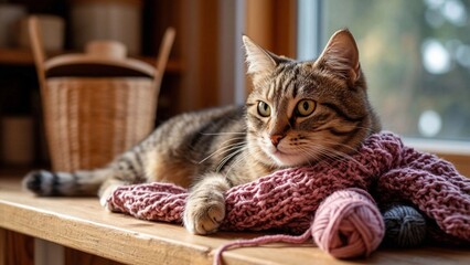 The cat is lying on a warm pink knitted thing and threads