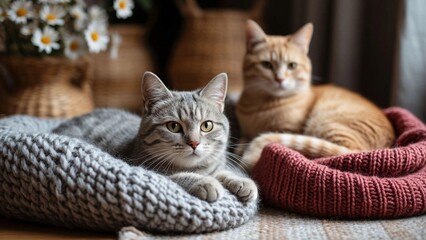 The gray cat in the foreground is lying on a warm knitted thing, against a blurred background of a red cat.