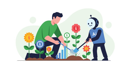 Fototapeta premium Human and a friendly AI robot working together in a garden, planting and cultivating flowers with information symbols on them.
