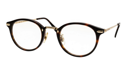 Tortoiseshell rimmed eyeglasses with gold accents and clear lenses on black background spectacles eyewear