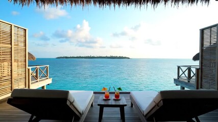 Ocean view lounge chairs with cocktails