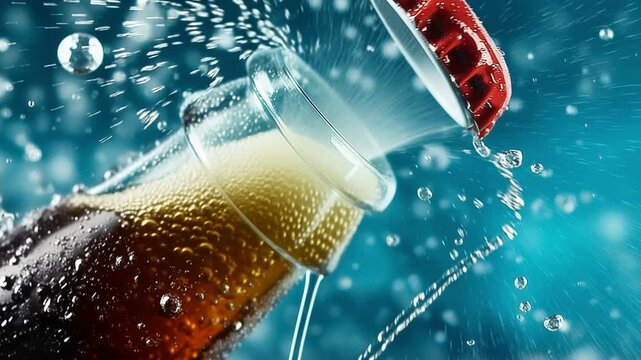 Splash of cold drink opening bottle underwater with bubbles and light