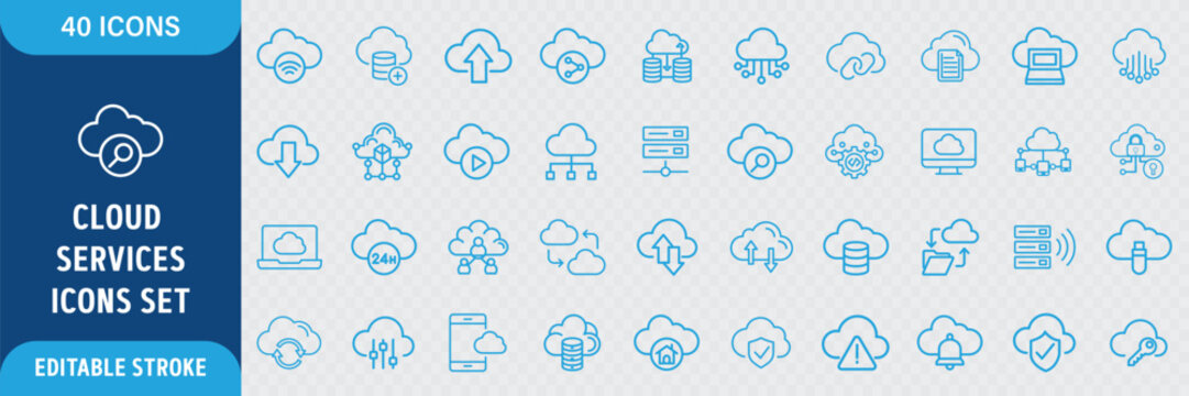 Cloud Services Line Icon Set. Cloud Computing, Data Storage, Server, Hosting, Network, SaaS and IT Infrastructure Icons. Editable Outline Stroke.