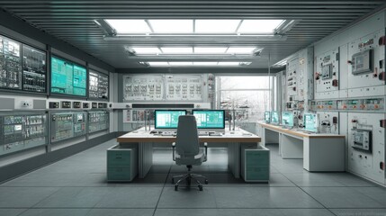 Modern control room with multiple screens and workstations, a hub of technological operations