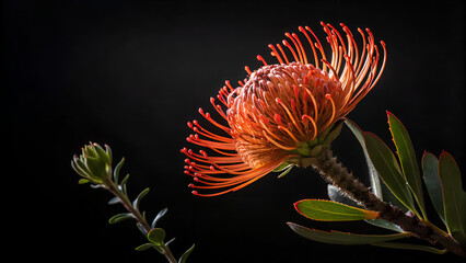 Moody close-up of Leucospermum flower glowing in dark light. Dramatic botanical photography perfect for posters, fine art prints, and modern interiors. Copy space