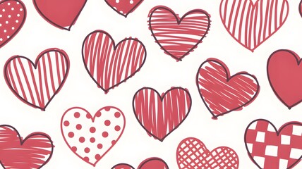 A delightful collection of hand-drawn red hearts in various patterns on a white background