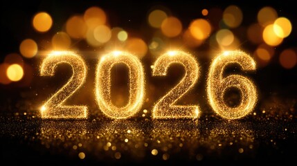 Happy New Year 2026 with golden gradient numbers and glowing bokeh lights on dark background