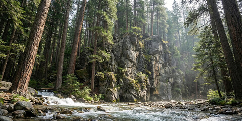 Pine Forest Landscape with Rocky River