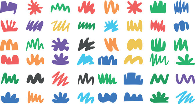 Colorful abstract shapes and squiggles on white background for design elements