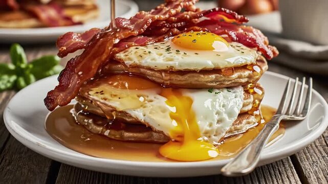 A stack of pancakes topped with fried eggs and crispy bacon with syrup being poured over a white plate