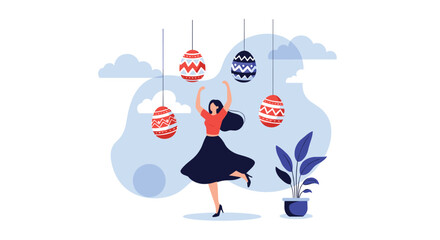 Joyful woman in a dress dancing surrounded by giant decorated Easter eggs hanging from the sky in a festive holiday scene.