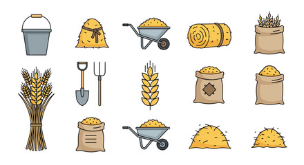 Collection of agriculture icons featuring grain sacks, hay bales, wheelbarrows, and farm tools for harvesting season concepts.