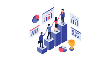 Group of business people helping each other climb up a rising bar chart to reach a trophy, symbolizing teamwork and success.