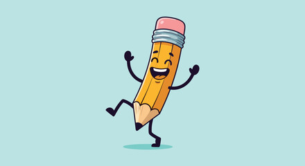 Cheerful cartoon pencil character jumping with arms wide open on a light blue background, perfect for school theme designs.