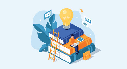 Student sitting on a giant stack of books working on a laptop with a bright lightbulb above representing a smart new idea.