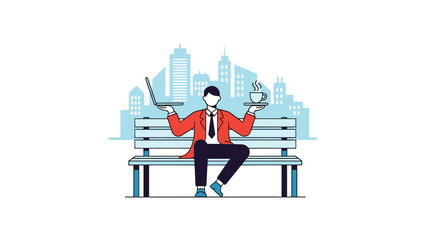 Businessman working remotely on laptop while enjoying coffee outdoors in city