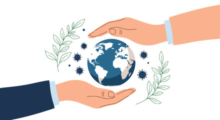 Two large hands cupping and protecting the planet Earth from surrounding virus particles and pathogens in a global effort.