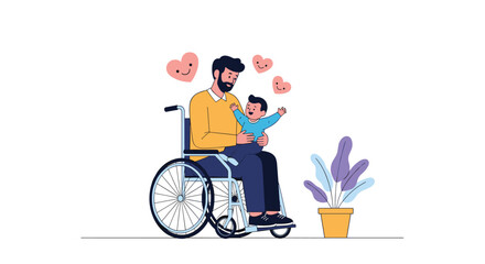 Happy father sitting in a wheelchair holding his young son with love hearts floating around them in a warm family scene.