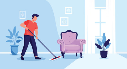 Young man using a mop to clean the floor of a tidy living room with an armchair, green plants, and light from a window.