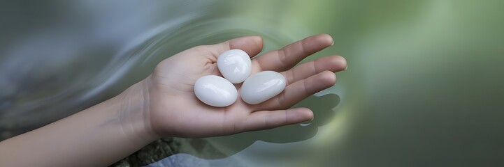 Gentle hand holding three smooth white polished stones over soft blurred water symbolizing tranquility and natural balance