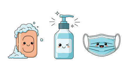 Trio of adorable cartoon characters representing soap, hand sanitizer, and a medical mask to promote hygiene and safety.