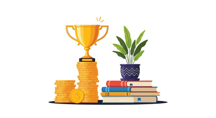 Golden winner trophy standing on a stack of coins next to books and a green plant, symbolizing education and wealth goals.