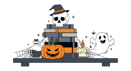 Spooky Halloween scene with a skull, pumpkin, ghost, candle, and books on a table with cobwebs and stars for decoration.