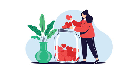 Young woman placing red heart shapes into a large glass jar next to a green vase with a plant, symbolizing love and charity.