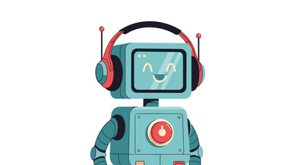 Friendly blue robot character with a smiling screen face wearing red headphones, representing modern music and technology.