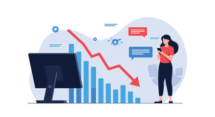 Worried woman looking at her mobile phone in front of a computer screen showing a declining financial bar chart of stocks.