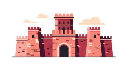 Large medieval red stone castle fortress with tall towers and a main gate under a soft cloudy sky for fantasy theme designs.