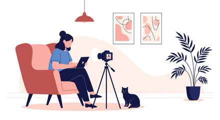 Content creator woman sitting in an armchair filming a video with a professional camera and a black cat in a home studio.