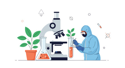 Scientist in a protective suit using a microscope to study plant samples in a laboratory for advanced biological research.
