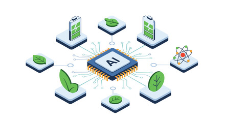 Central artificial intelligence chip connected to icons of green energy, batteries, and nature for sustainable technology.