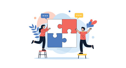 Man and woman collaborating to assemble four large jigsaw puzzle pieces, representing creative problem solving and teamwork.