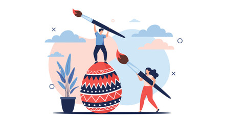 Man and woman using large paintbrushes to decorate a giant Easter egg with patterns in a collaborative artistic project.