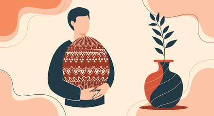 Man holding a large brown Easter egg decorated with intricate white patterns, shown in a stylish minimal art illustration.