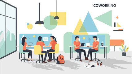 Modern coworkers collaborating in vibrant shared office space