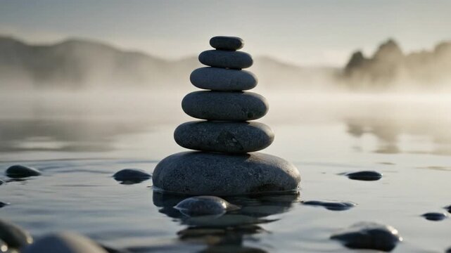 A stack of seven smooth dark stones is balanced in shallow rippling water A misty softlit landscape with mountains and trees blurs in the background