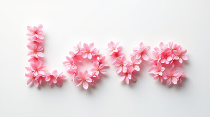 Word Love created from soft pink blossoms on clean white background. Delicate floral lettering for Valentine day, romantic greeting, wedding or love themed design